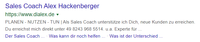 Google Search Snippet für Sales Coach Alex - verweis auf dialex.de